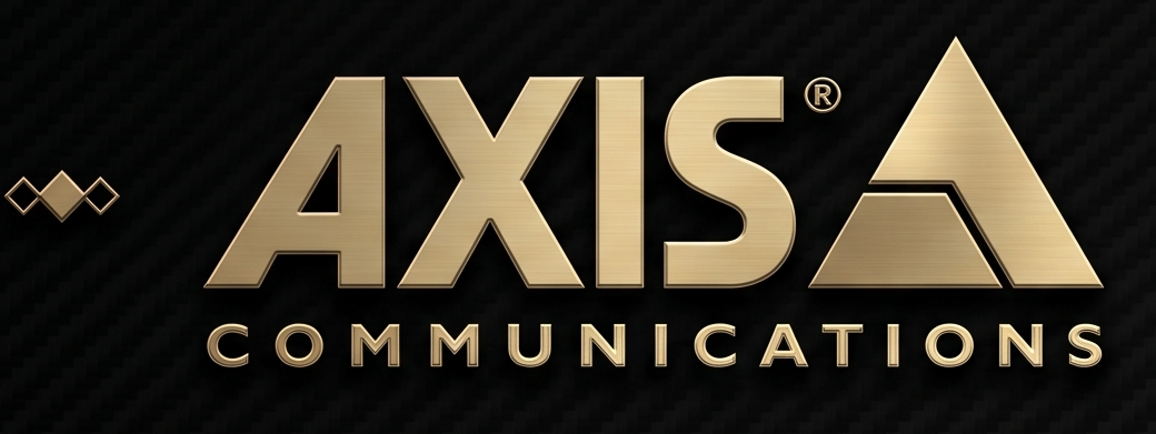 Gold logo reading "AXIS Communications" on a black background with a subtle pattern.