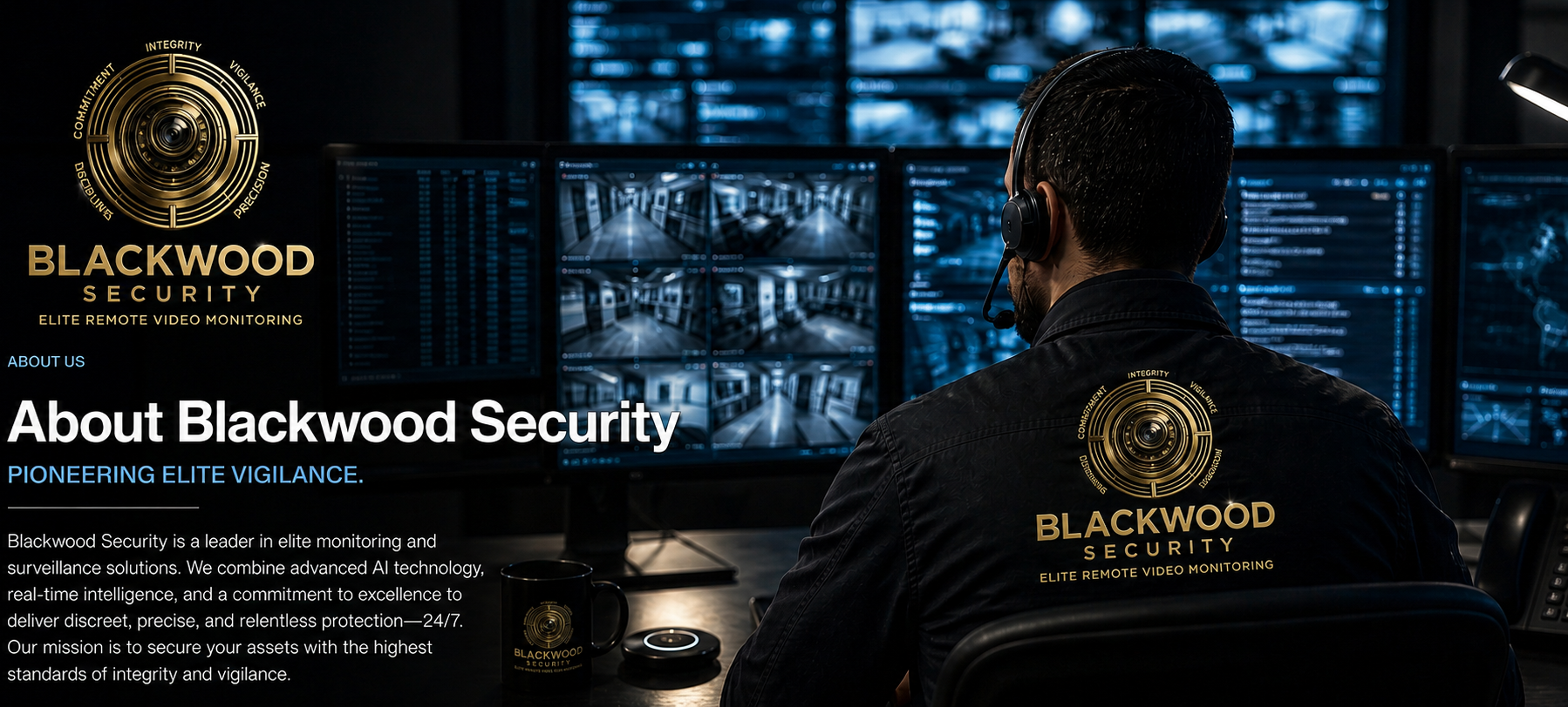 A security control room with multiple monitors showing surveillance footage; a man with a headset sits at a desk with Blackwood Security branding on his jacket, mug, and headset, emphasizing elite remote video monitoring services.