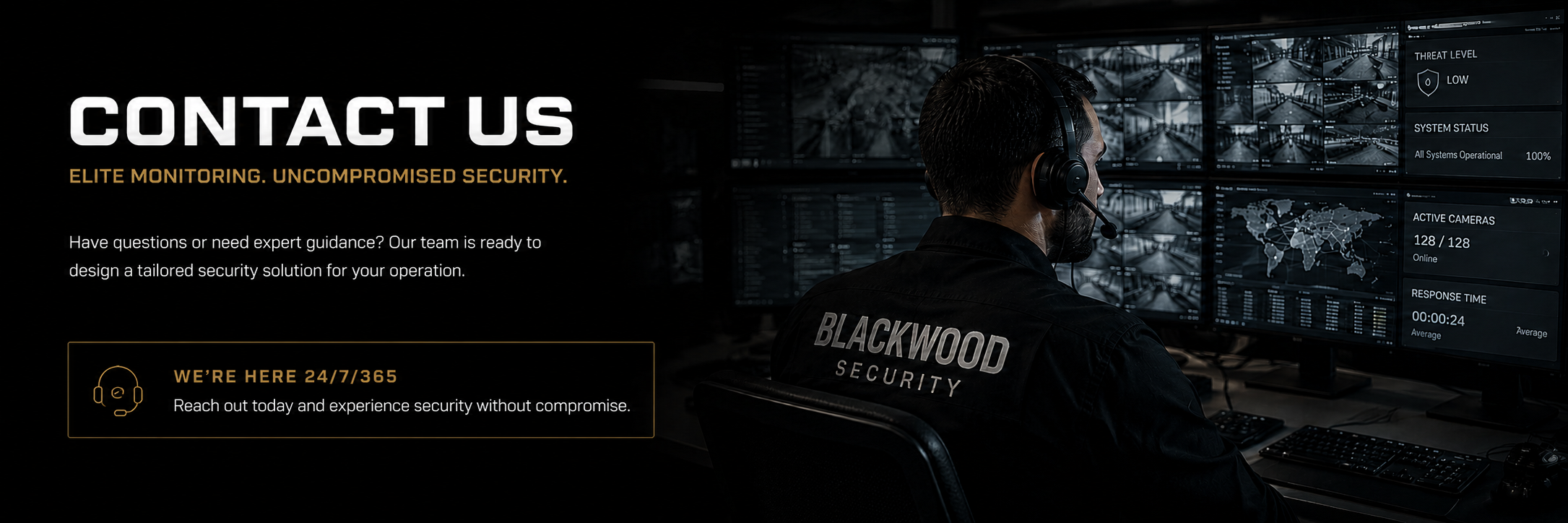 Security operator with Blackwood Security uniform monitoring multiple screens displaying security footage and system status
