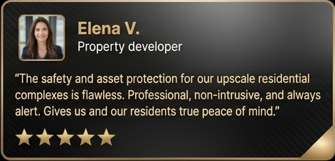 Business card for Elena V., property developer, with a five-star rating and a quote about the safety and asset protection of upscale residential complexes.
