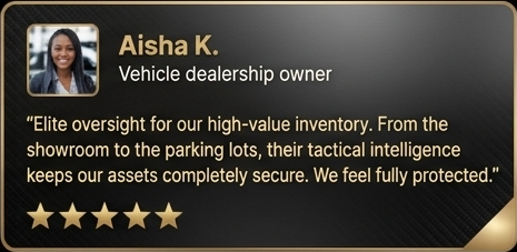 Business card for Aisha K., vehicle dealership owner, with a quote about inventory security and a five-star rating.