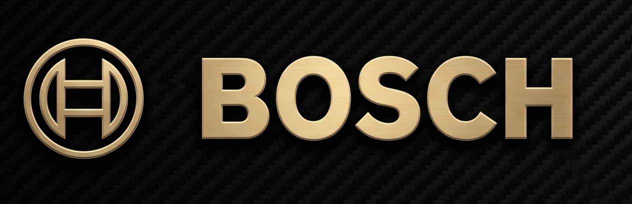 Bosch logo with gold text and emblem on a dark carbon fiber background.