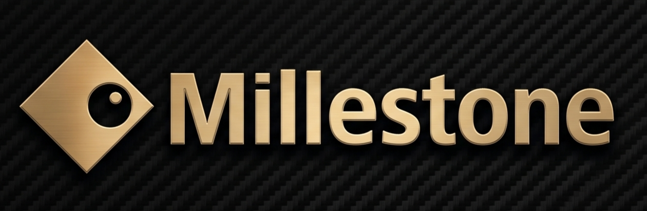 Gold-colored logo with a diamond shape containing a circle and smaller dot, next to the word 'Milestone' in bold capital letters on a dark, textured background.