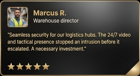 Business card for Marcus R., warehouse director, featuring a photo, name, title, quote about security, and a 5-star rating.