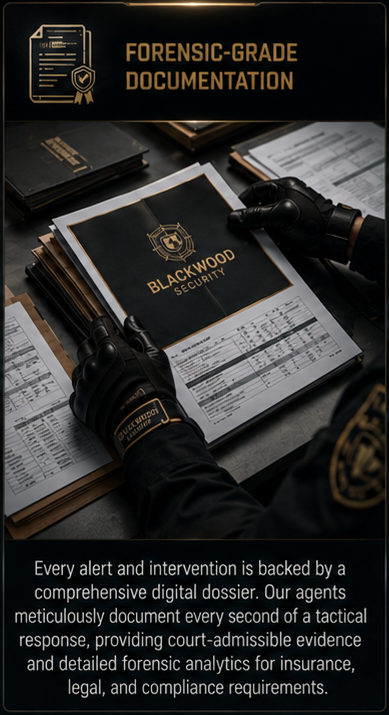 Close-up of forensic documentation materials, including a Blackwood Security folder, a firearm, and gloves with Gold badge logo, used for digital forensic analysis and court cases.