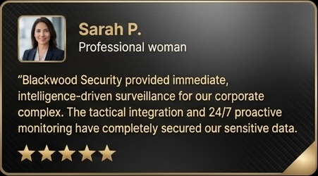 Business card for Sarah P., a professional woman, with a testimonial about Blackwood Security's surveillance and monitoring, featuring a five-star rating.
