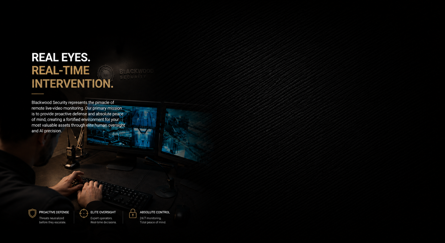 Dark image of a person monitoring dual computer screens with blue security visuals, accompanied by text about Blackwood Security's real-time surveillance and security services.