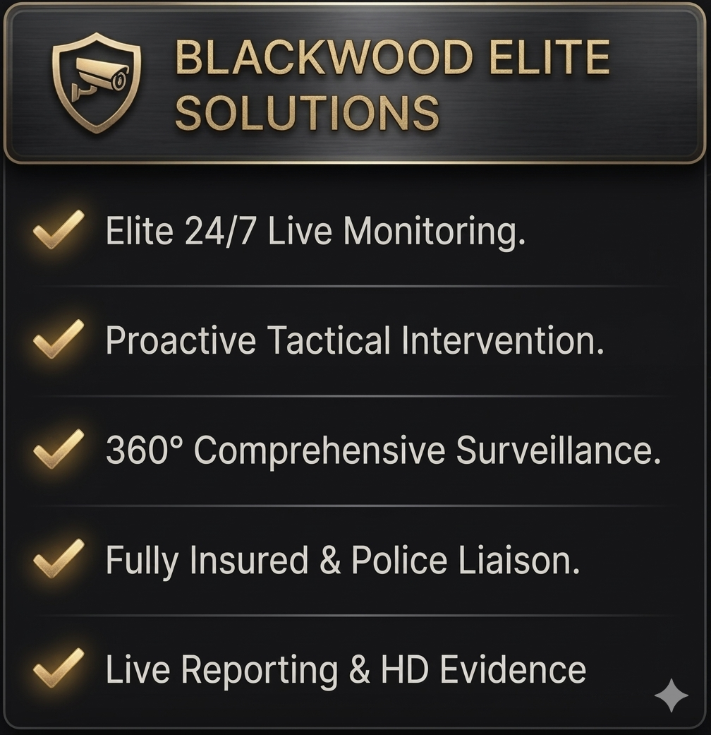 Blackwood Elite Solutions logo with a shield and surveillance camera icon, followed by a list of services including 24/7 live monitoring, proactive tactical intervention, 360-degree surveillance, full insurance and police liaison, and live reporting with HD evidence.