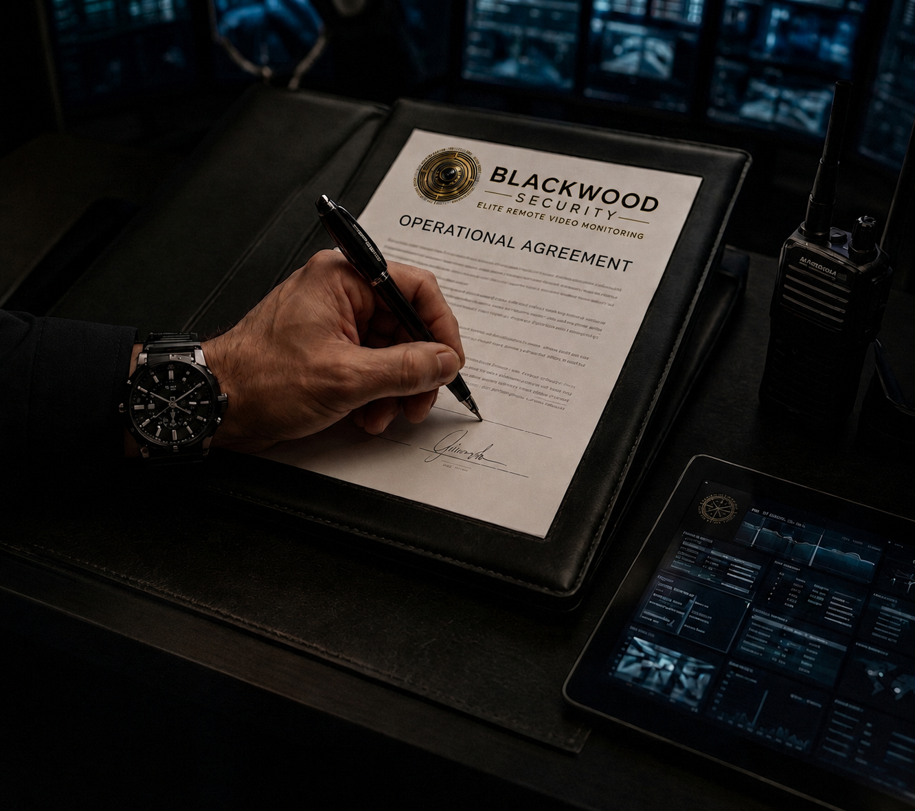 A person wearing a black watch signs an operational agreement for Blackwood Security on a clipboard with a black pen. On the desk, there is a Motorola walkie-talkie and a tablet displaying security data and graphs.