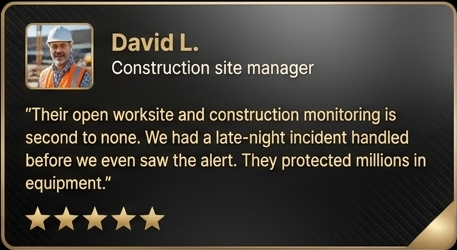 Construction site manager David L. provides a quote about safety and construction monitoring, featuring a profile picture and a five-star rating.