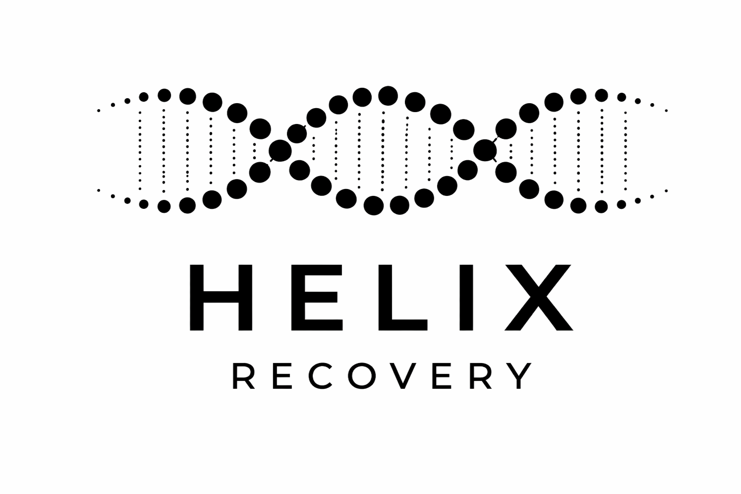 Logo with a stylized black helix made of dots and lines, with the words 'HELIX' in bold capital letters and 'RECOVERY' underneath in smaller letters.