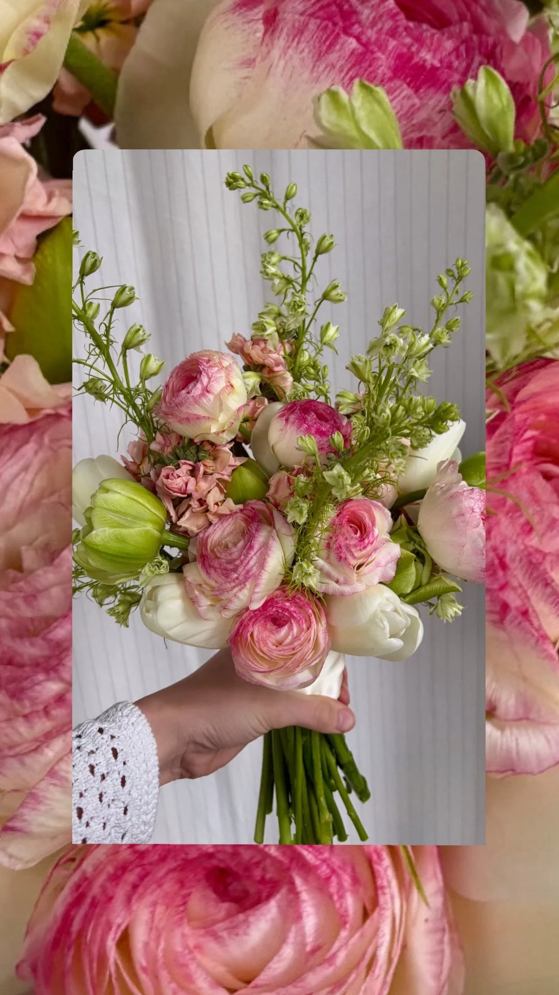 A person holding a bouquet of pink, white, and green flowers against a white wooden background.