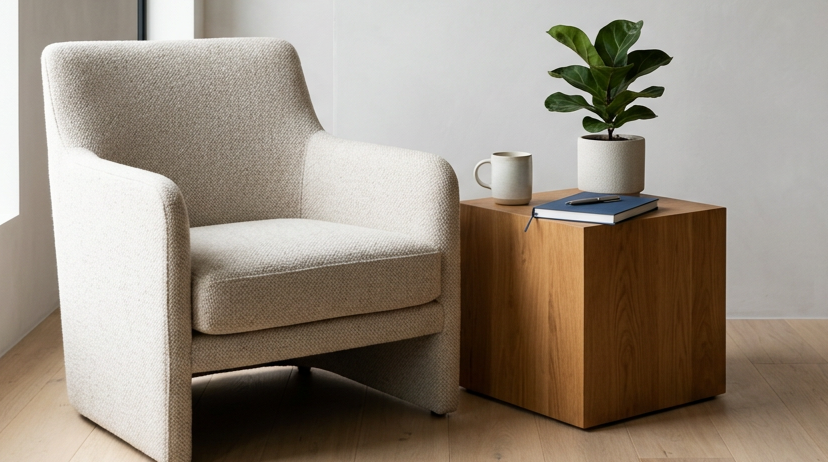 Coachign room with a comfy chair and a small table with a plant
