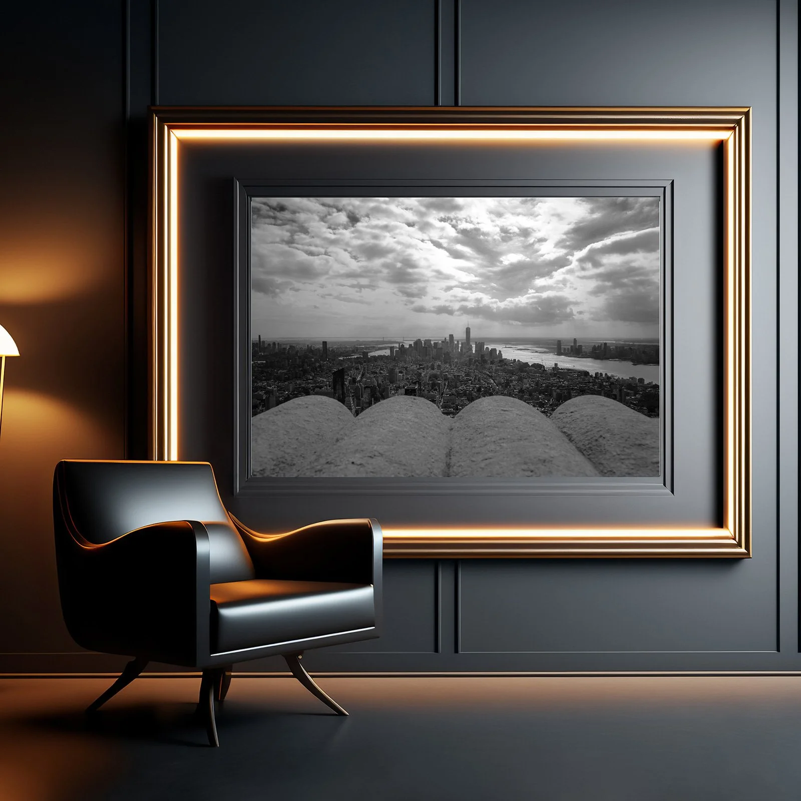 A black leather armchair with wooden legs in front of a large black-framed picture of a city skyline with clouds, hung on a dark wall illuminated by warm light from a nearby lamp.