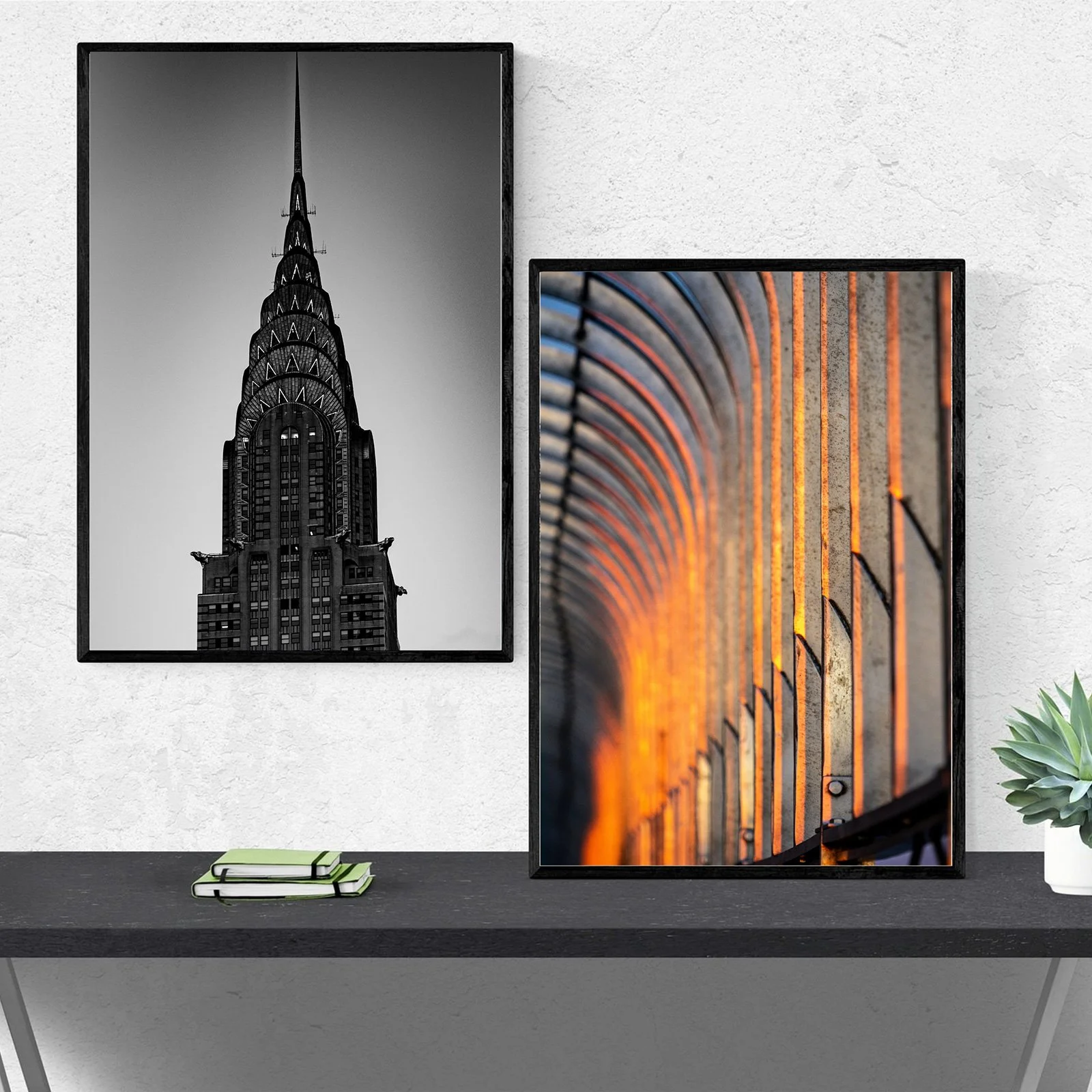 Black and white photograph of the Chrysler Building's spire, and an abstract image of a tunnel with orange lighting on its curved metal ribs.
