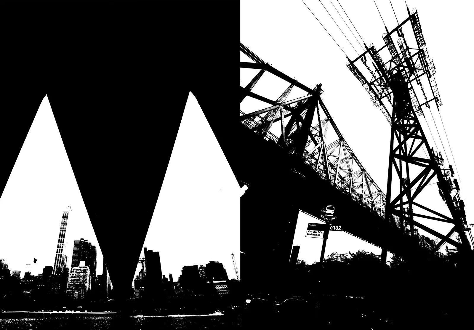 Black and white silhouette of city skyline with bridges and skyscrapers.