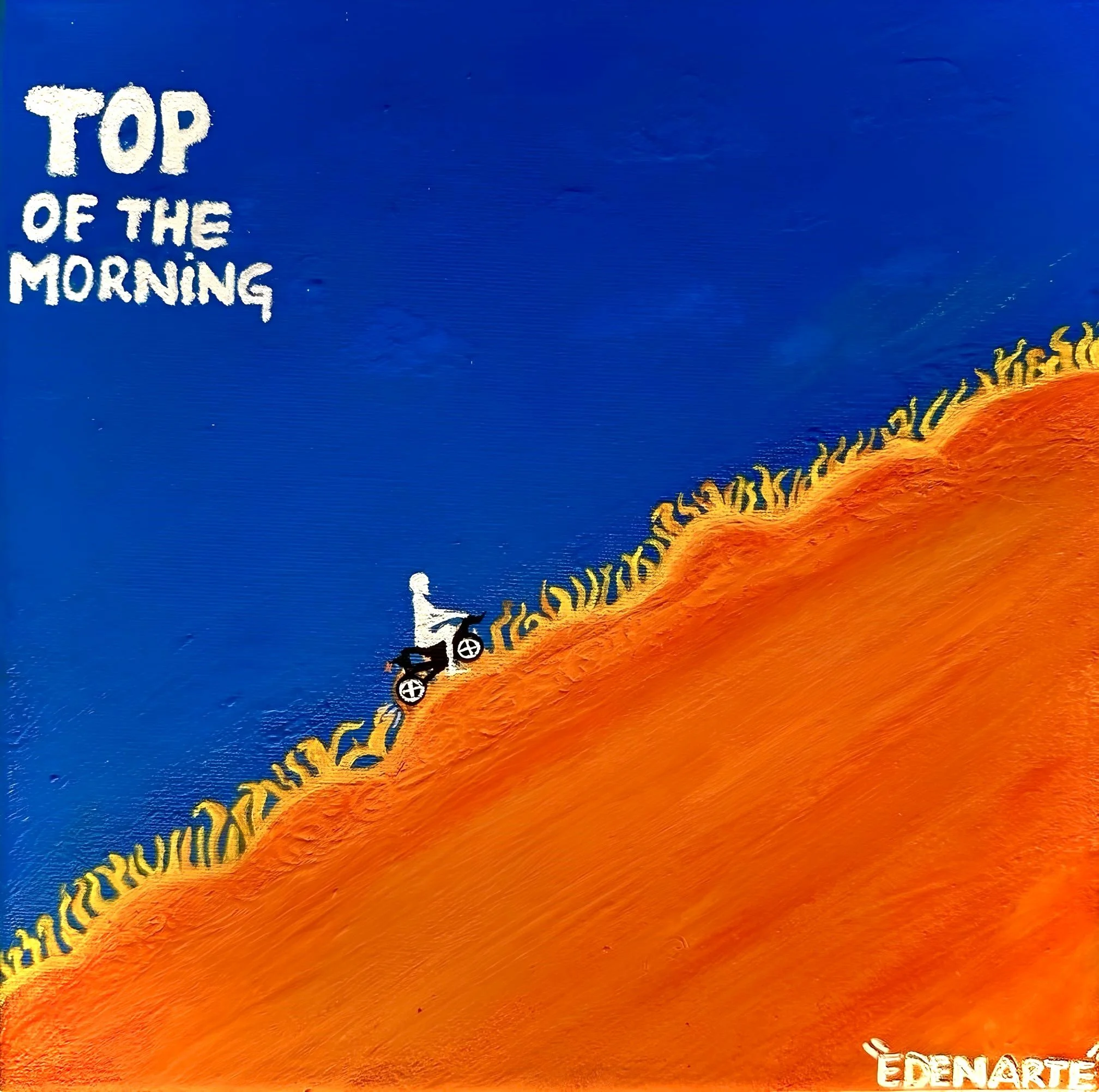 Colorful illustration of a dinosaur fossil and a small plant, with the text 'Top of the Morning' in white on the left side and 'Endart' in white at the bottom right corner against a vibrant blue background.