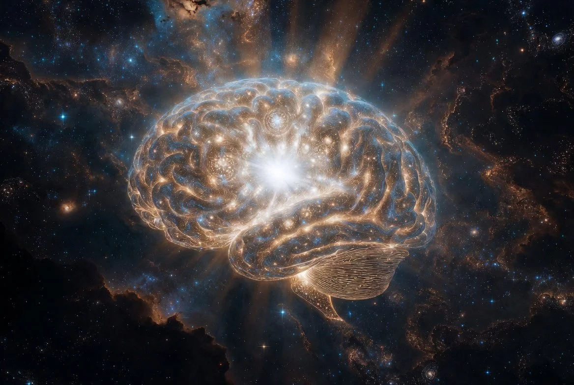 A digital illustration of a glowing human brain floating in outer space with stars and nebulae in the background.