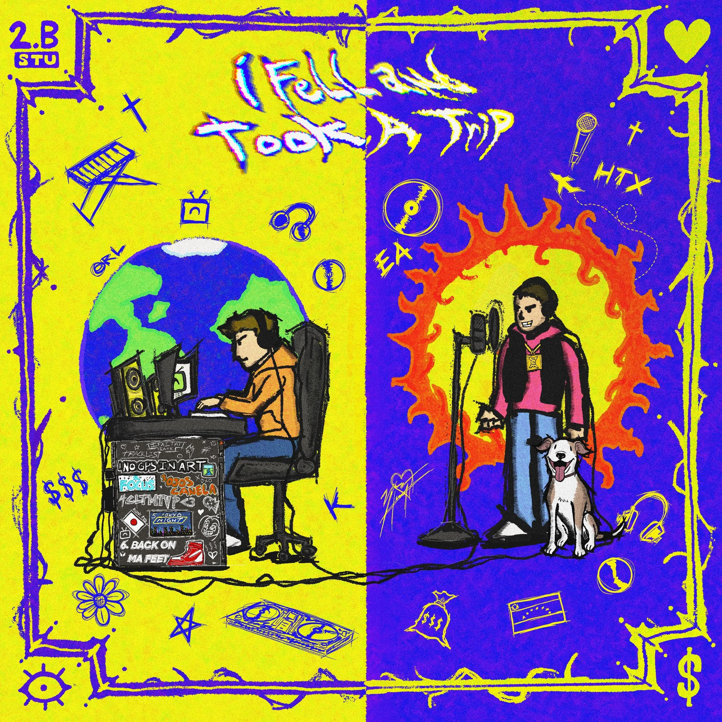 Colorful illustration resembling a comic book cover with the title 'Feel Good To Be Good' in stylized letters. Features images of a microphone, headphones, a globe, a TV, a dog, and various doodles like stars, hearts, and dollar signs. Bright yellow and purple background with scattered drawings and graffiti-style elements.