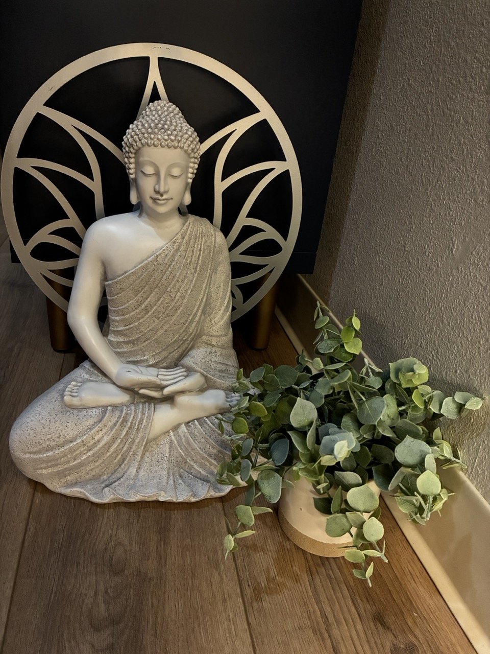 Buddha statue in a seated meditation pose with a halo behind its head, next to a potted green plant on a wooden floor.