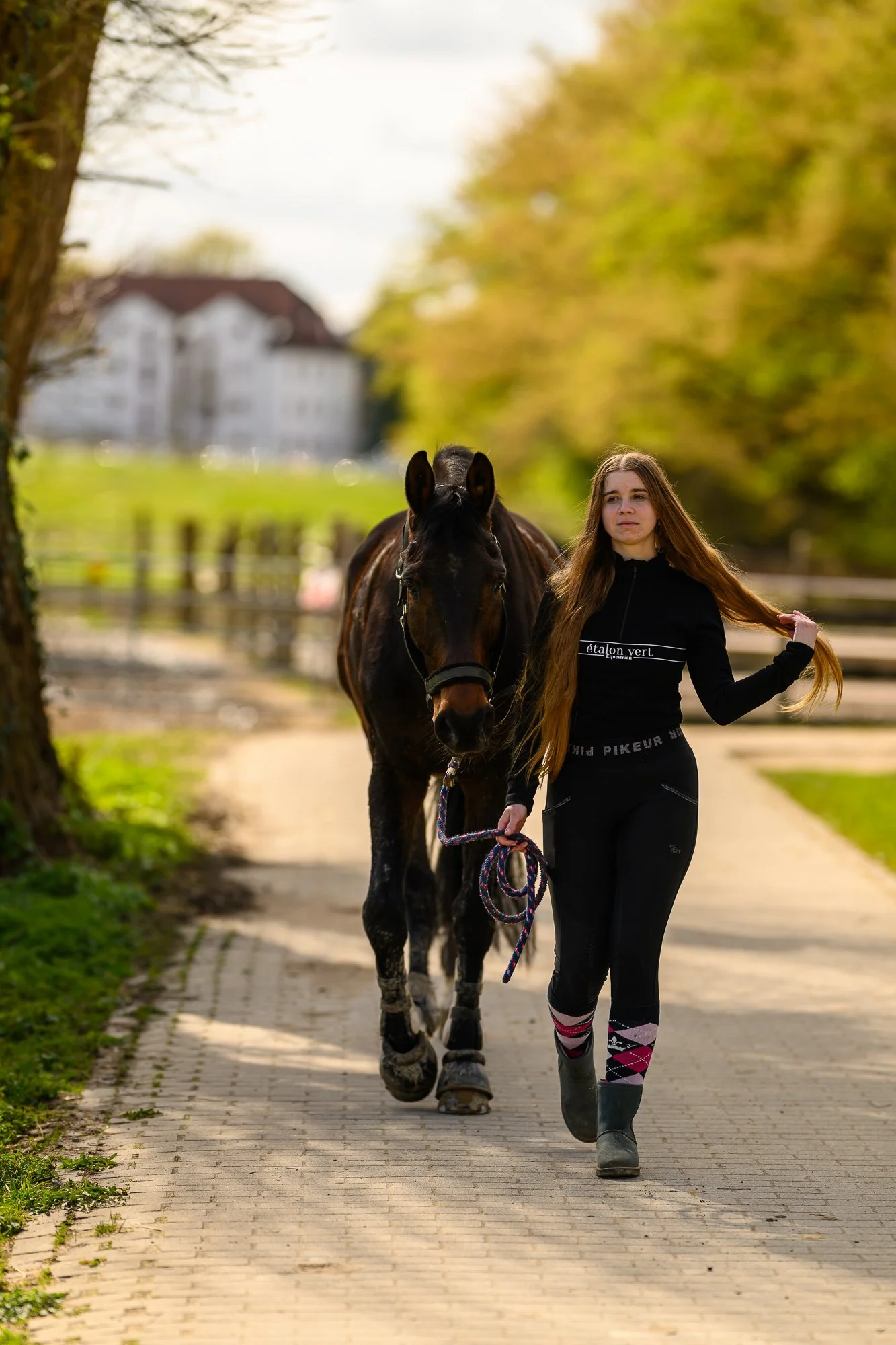 Junge Frau mit Pferd beim Spaziergang im Park, Herbst, bei sonnigem Wetter.