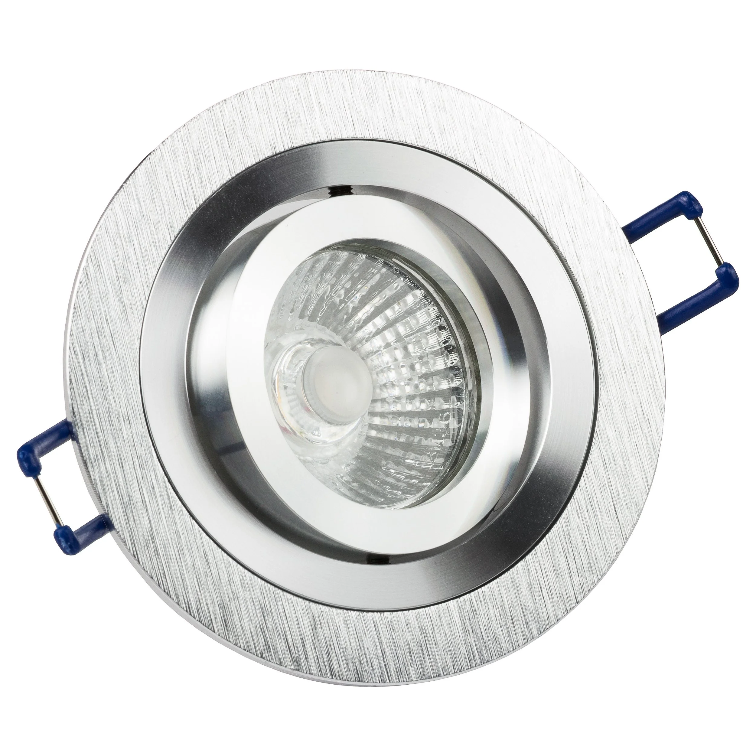 Ein runder LED-Einbaulampen mit silbernem Rahmen und blauer Bedienungstaste an der Seite.