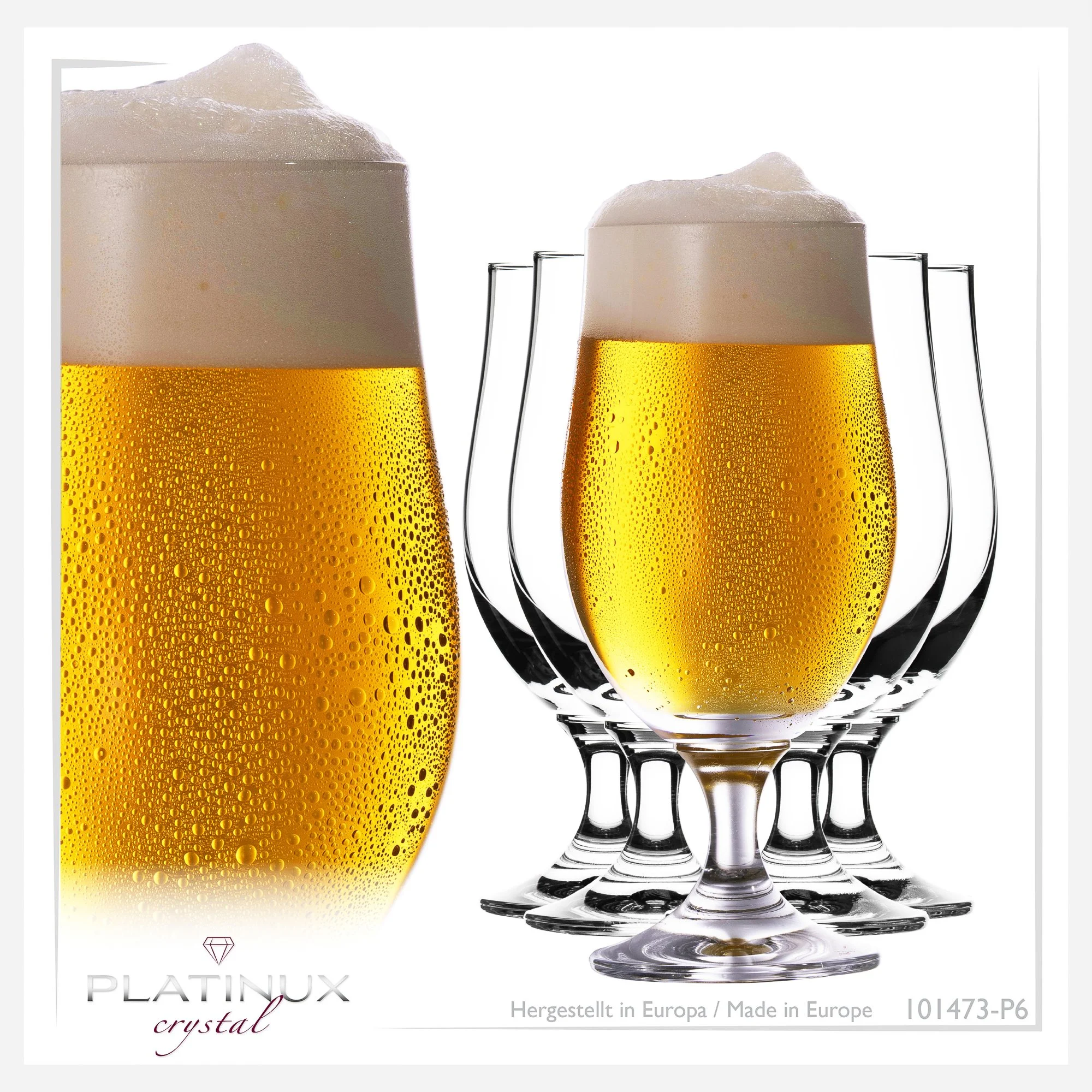 Mehrere Gläser mit Bier, oben mit Schaum, auf einem weißen Hintergrund.