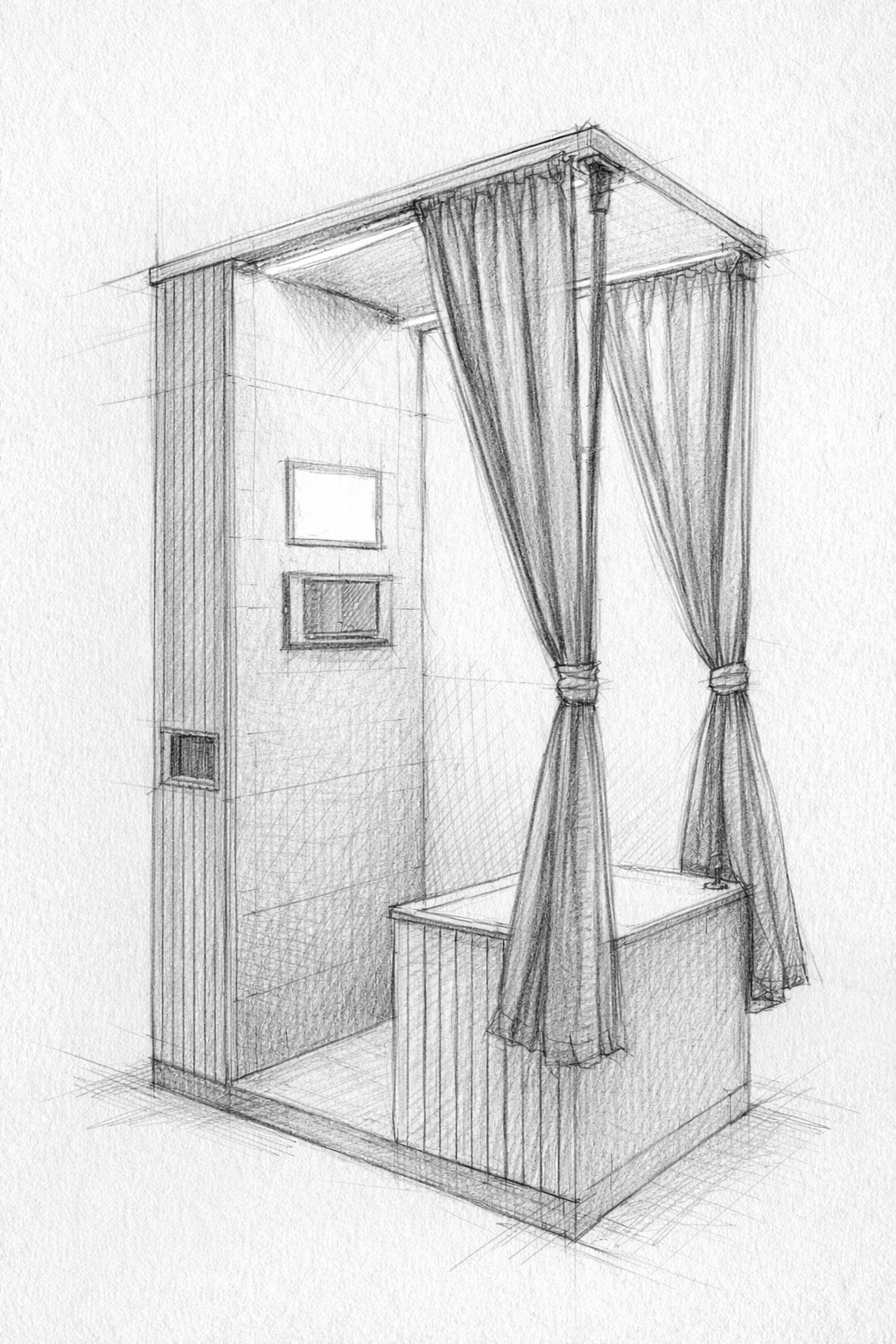A pencil sketch of a vintage style enclosed Photo Booth called Velvet & Oak, the Bay Areas most unique, luxury Photo Booth designed for luxury weddings, high end planners and corporate events.