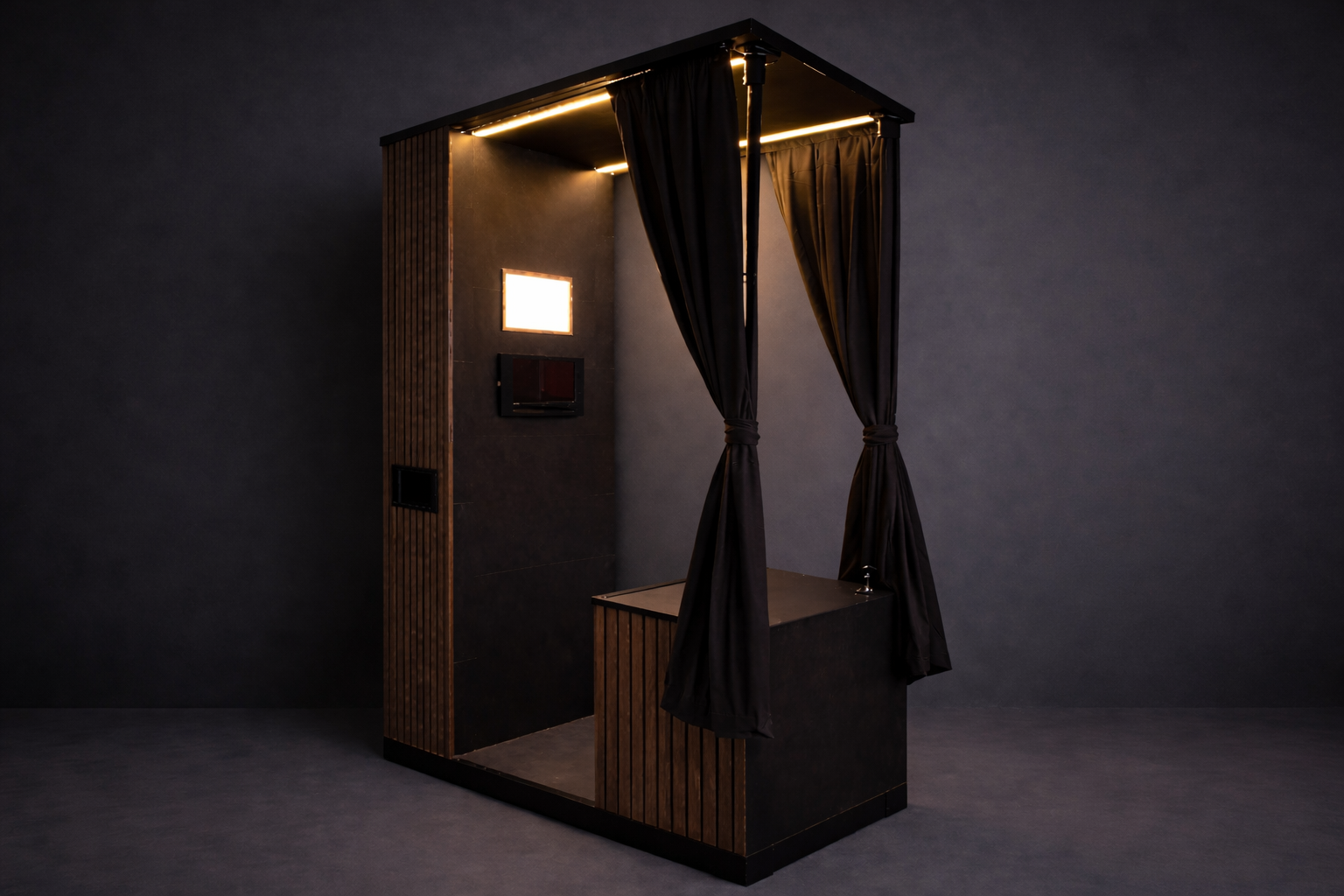 A modern photo booth with black curtains, a wooden exterior, and a small platform, set against a dark background.