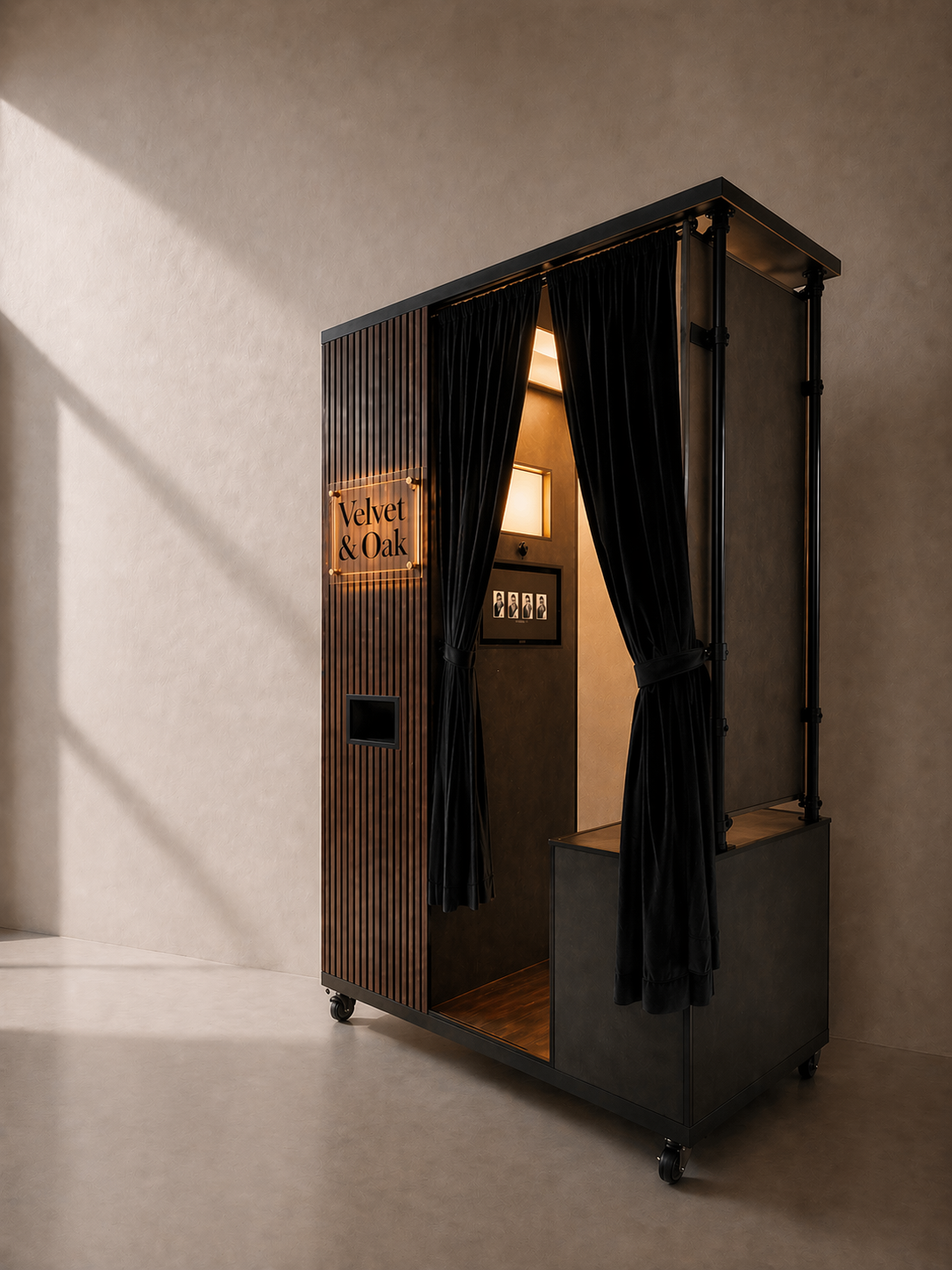 A black photo booth with velvet gray curtains and a wood-paneled side with a sign that says "Velvet & Oak". It has a black interior with a framed photo strip and a small light inside, and is on wheels.