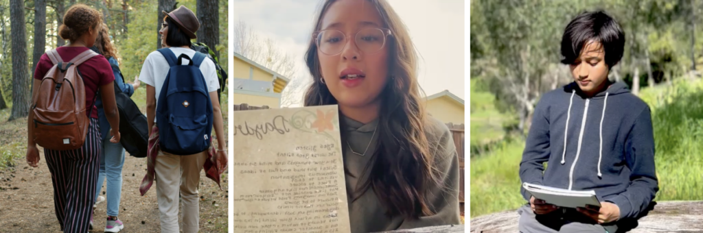 Three panels showing people outdoors. The first panel has two women with backpacks walking on a trail in a wooded area. The second panel features a woman with glasses reading a handwritten note outdoors with trees and a house in the background. The third panel depicts a young man with dark hair and a hoodie sitting at a picnic table reading a notebook in a grassy park.