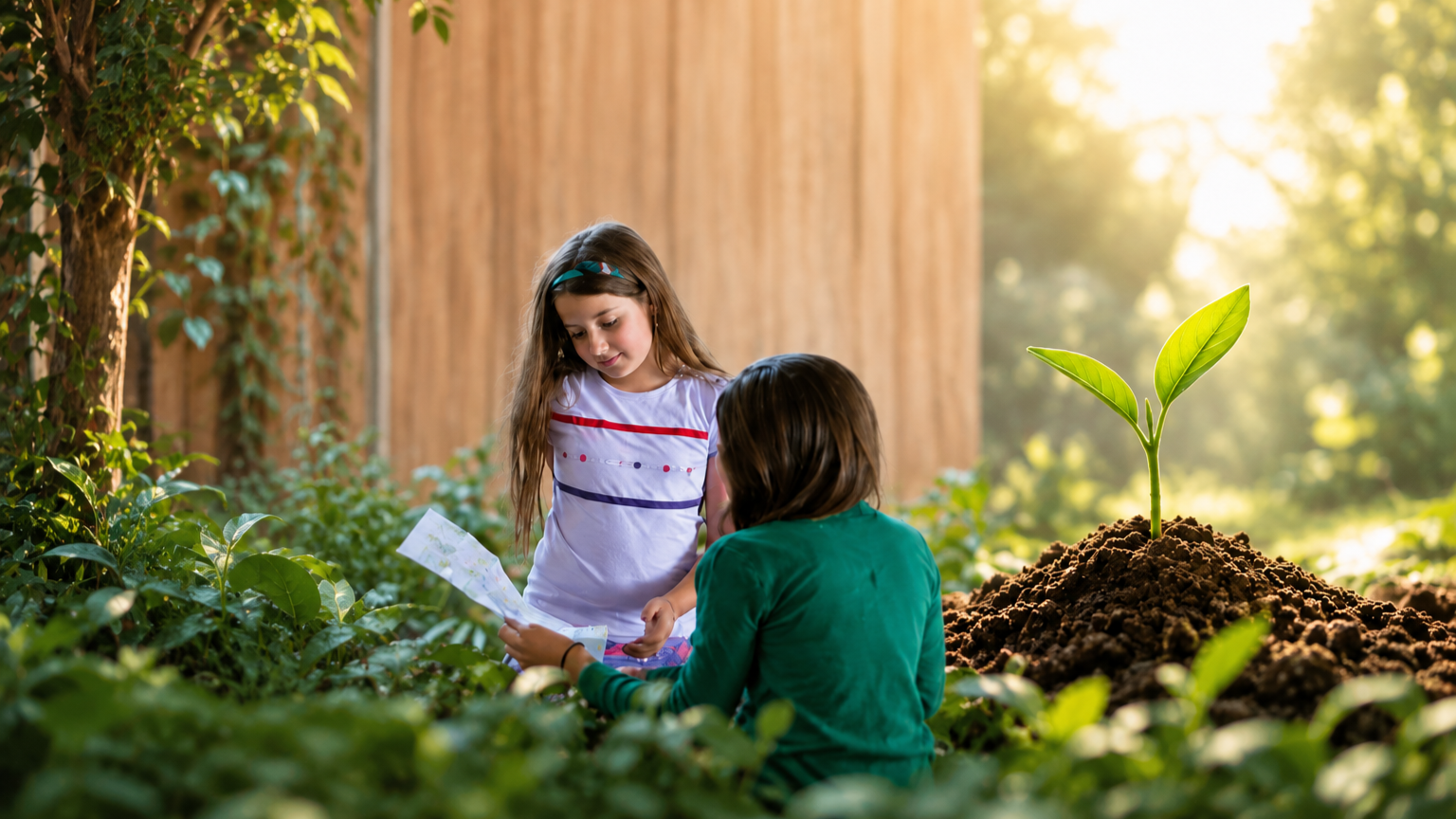 Two children, a girl and a boy, in a garden with a large sprouting plant nearby, examining a map with sunlight filtering through trees in the background.