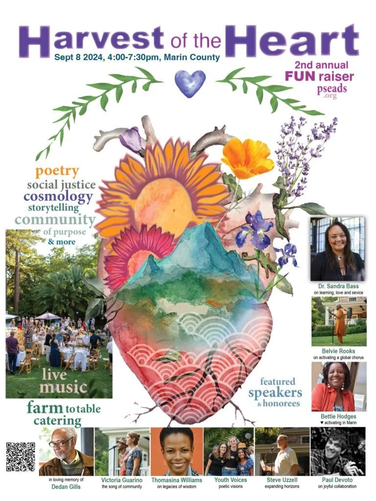 Flyer for the Harvest of the Heart event on September 8, 2024, in Marin County, featuring floral artwork, mountain watercolor, photographs of event speakers and attendees, and event details for a community gathering with live music, farm-to-table catering, poetry, storytelling, and guest speakers.