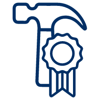 Icon of a hammer with a gear and a ribbon badge, representing tools or craftsmanship.