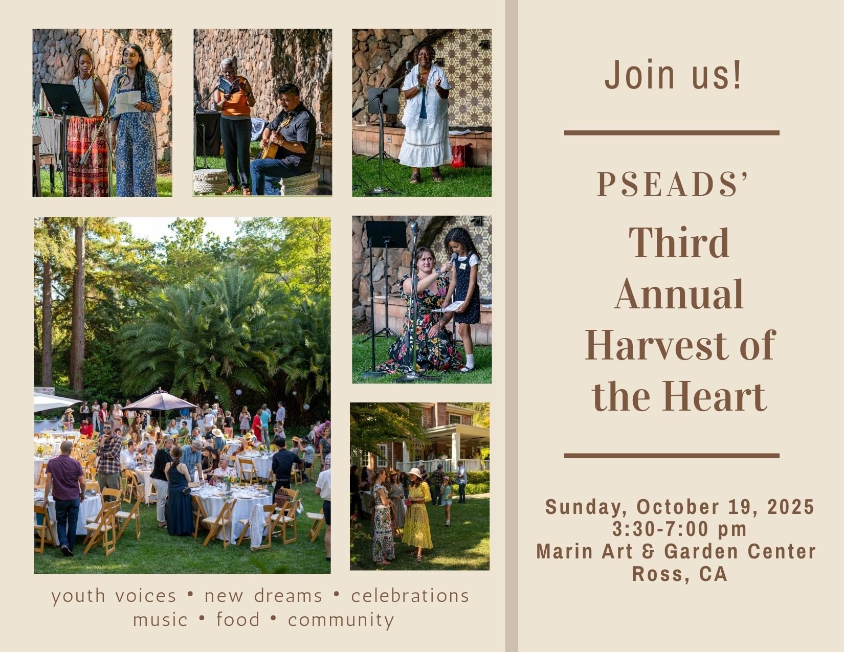A flyer for the Third Annual Harvest of the Heart event, featuring photos of people singing, playing guitar, and socializing outdoors at a community gathering with tables, chairs, and lush green trees, on October 19, 2025, at Marin Art & Garden Center in Ross, CA, emphasizing youth voices, new dreams, celebrations, music, food, and community.