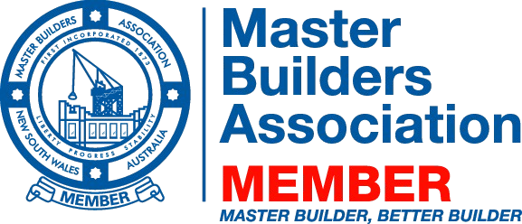 Master Builders Association member emblem with a construction crane and building graphic, blue and black colors, and red text reading 'MEMBER'.