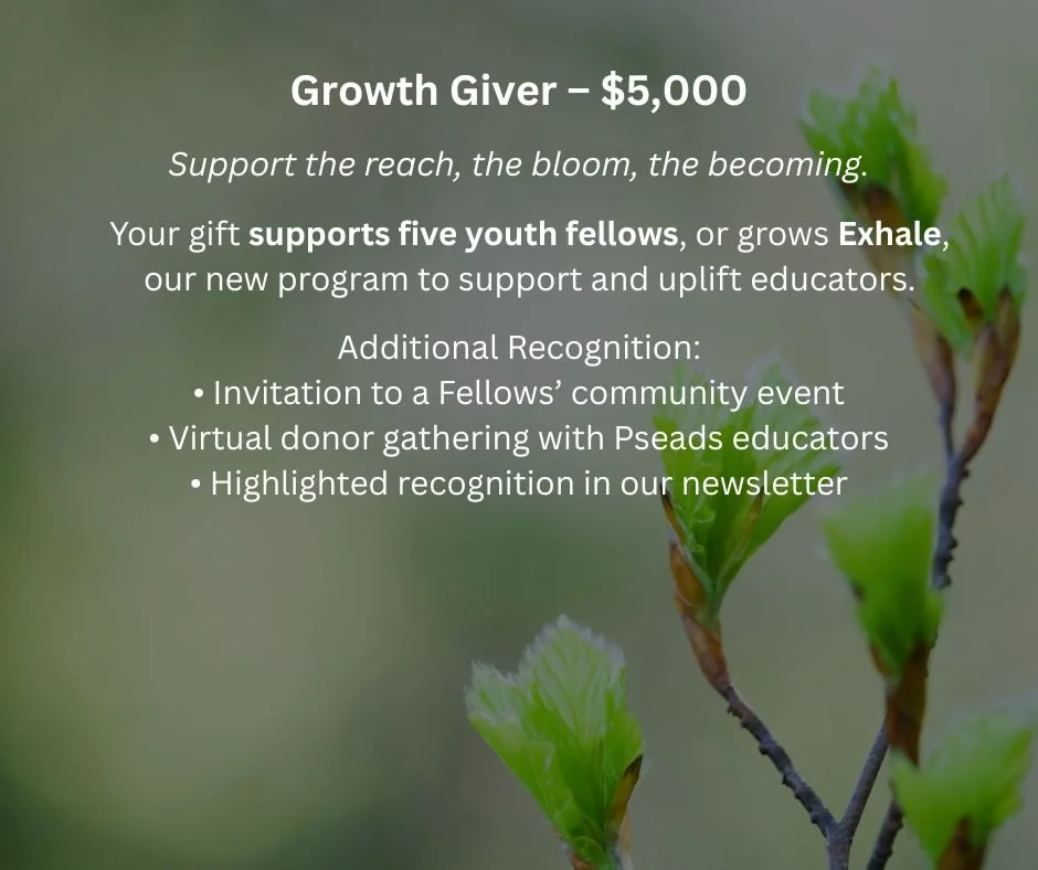 A promotional flyer with information about a $5,000 Growth Giver donation supporting youth education programs. The background features a close-up of green plant sprouts.