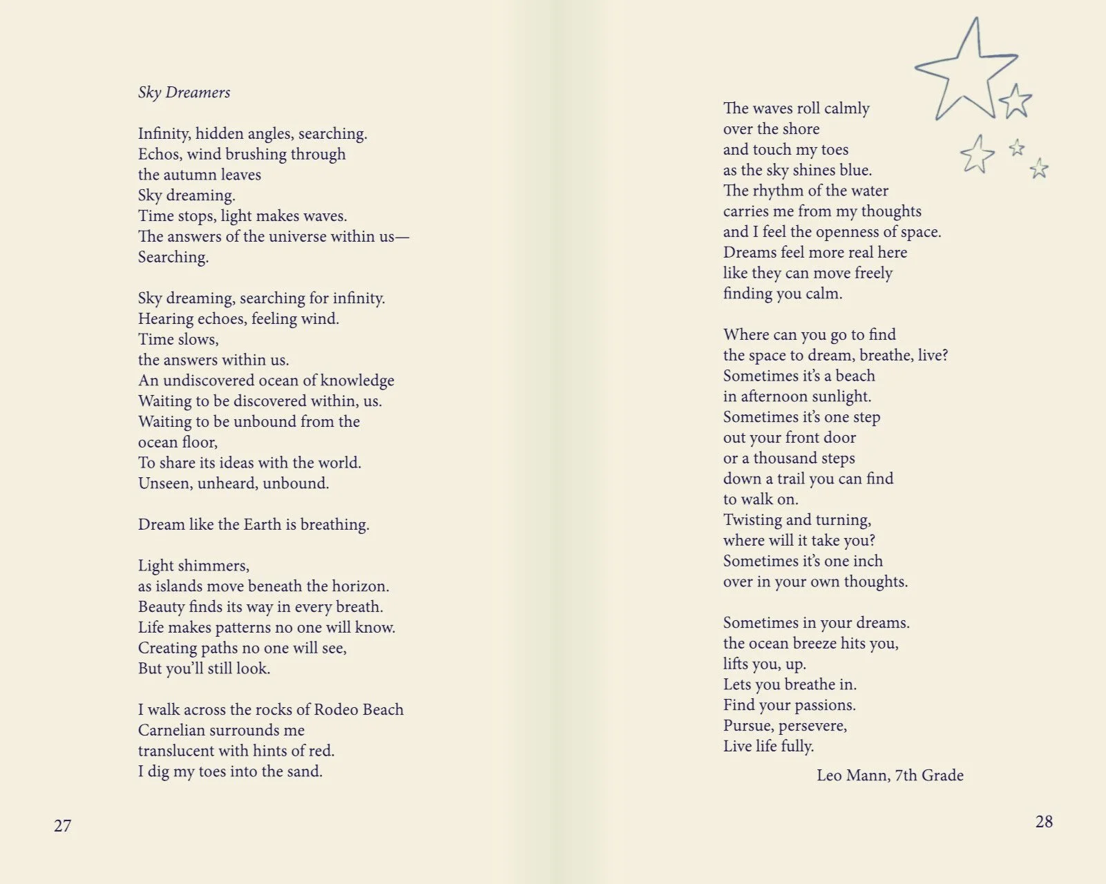 Open book displaying a poem titled "Sky Dreamers" with illustrations of stars in the top right corner.
