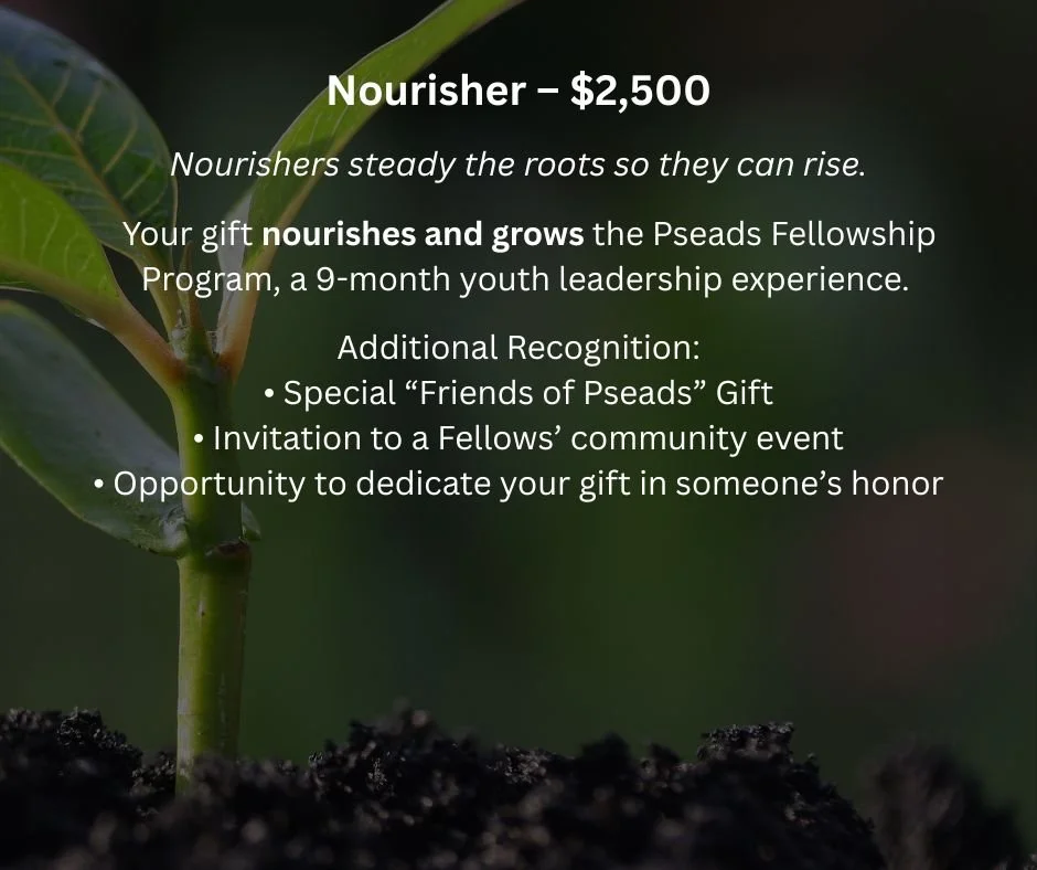A young plant sprouting from dark soil with an overlay of green leaves and text about a donation opportunity for the Pseads Fellowship Program.