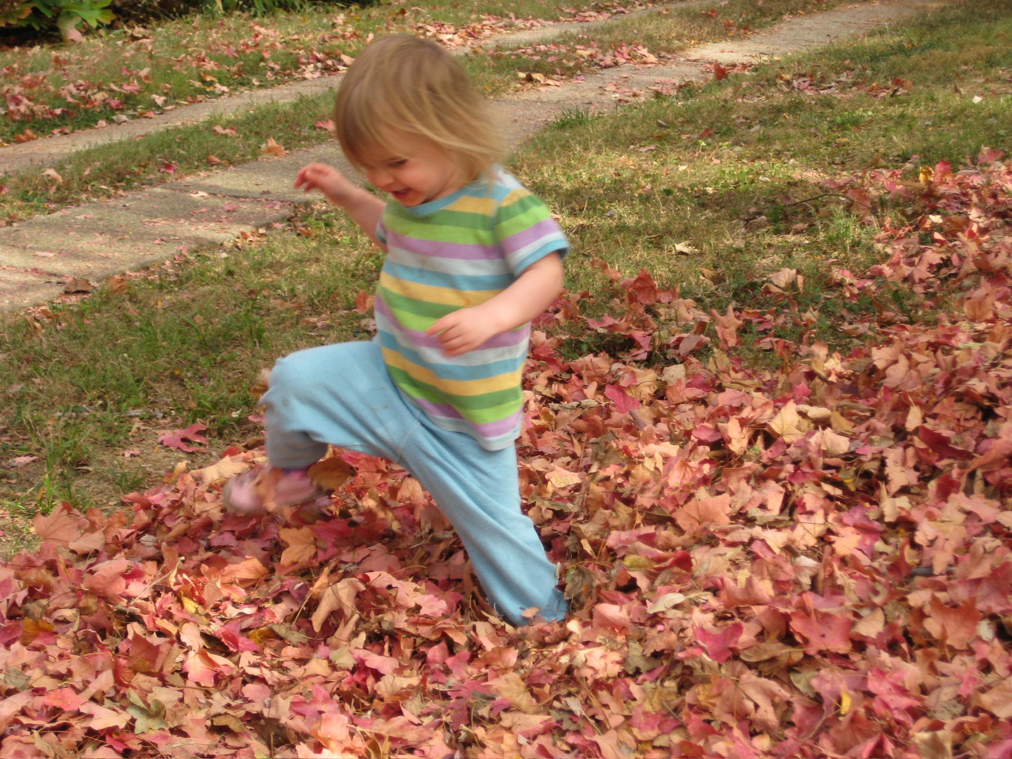 Child in a colorful striped shirt playing in a pile of fallen autumn leaves outdoors.