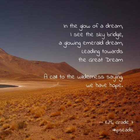 Inspirational quote over a landscape of an open, arid wilderness under a dark sky.