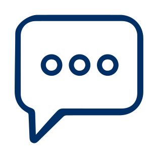 A dark blue outline of a speech bubble with three dots inside, representing a chat or messaging icon.