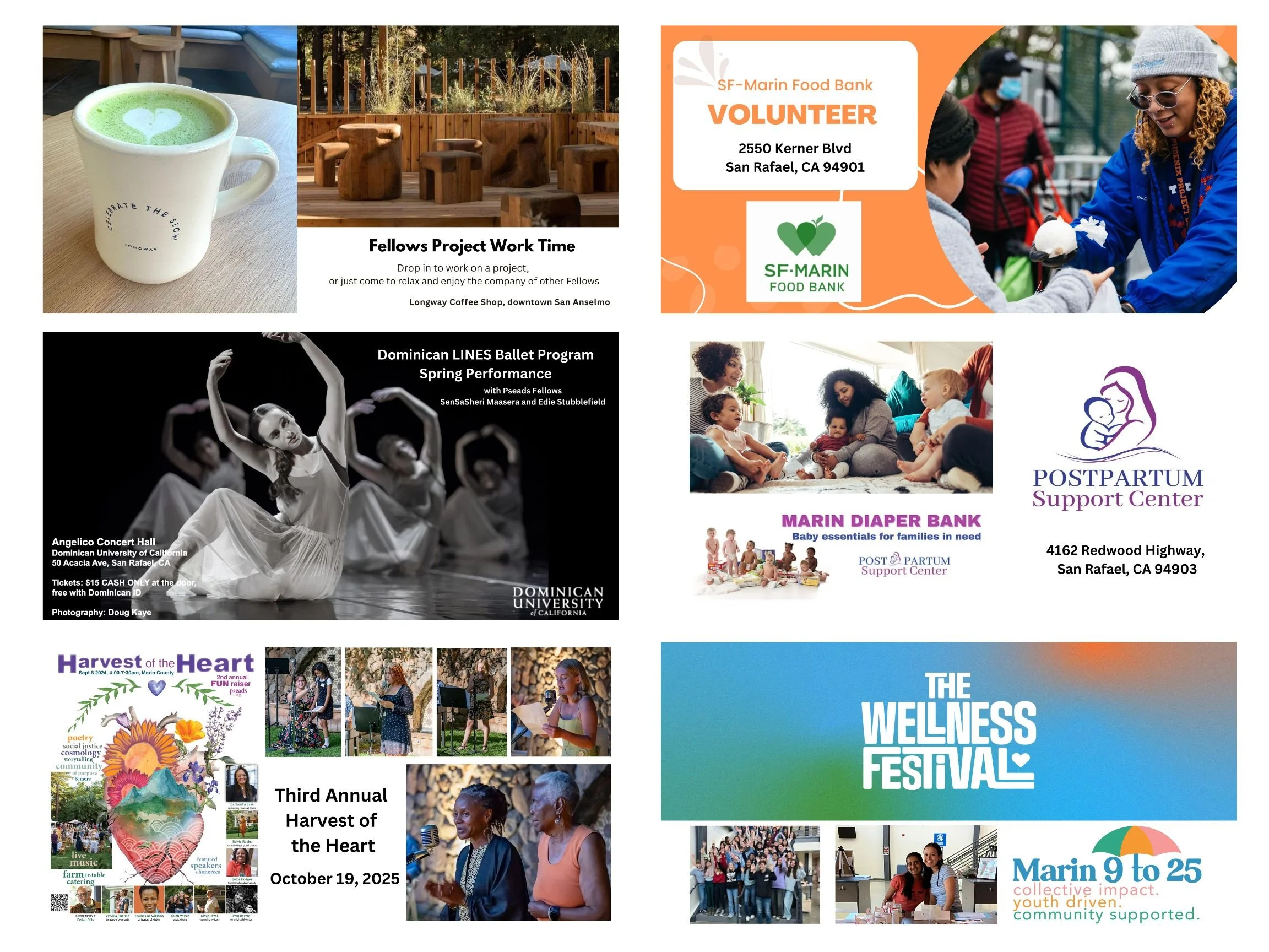 A collage of various community and cultural event posters, including a coffee shop scene, a volunteer event at a food bank, a ballet performance, a concert, an art festival, and a youth community program poster.