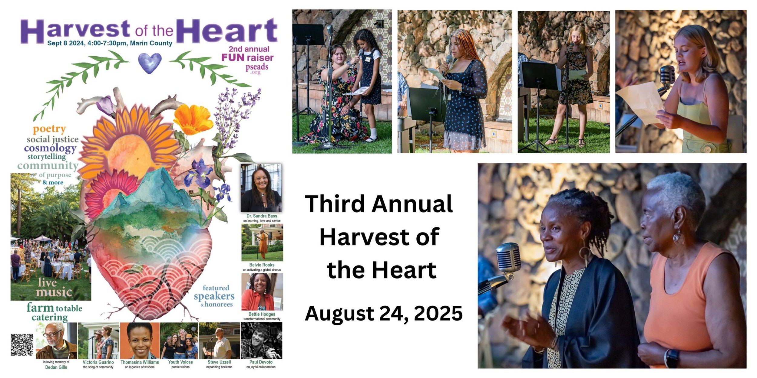 A flyer for the third annual Harvest of the Heart event on August 24, 2025, featuring event details, photos of speakers and performers, colorful floral and mountain artwork, and information about activities like live music, farm-to-table catering, and community storytelling.