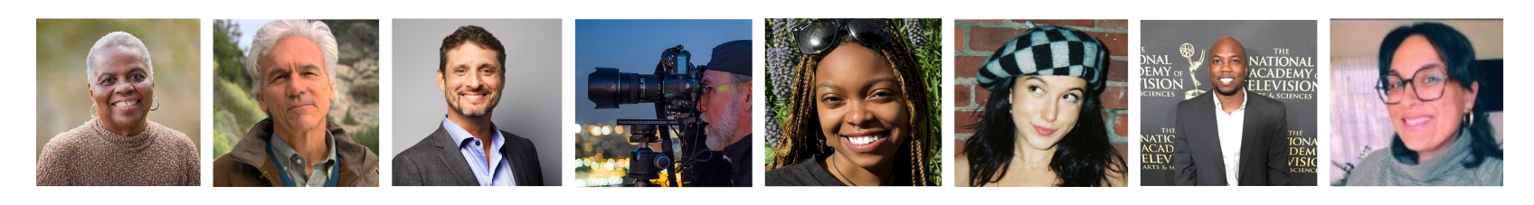 A collage of eight diverse people, including a woman with short gray hair, a man with gray hair, a man with brown hair, a person filming with a camera, a woman with braids and sunglasses, a woman with a checkered hat, a man in a suit at a conference, and a woman with glasses and dark hair.