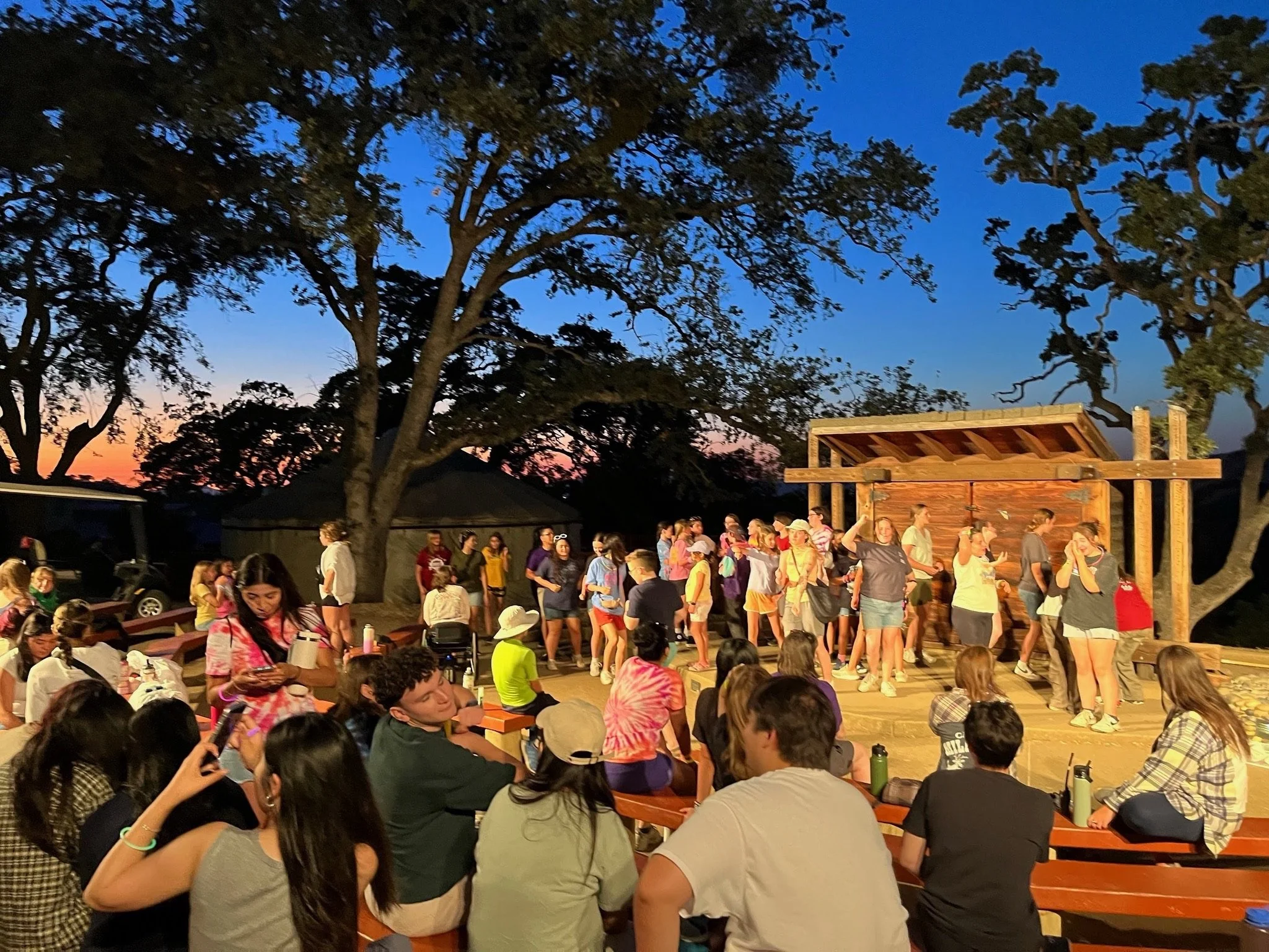A large group of people gathered outdoors during twilight, some seated at picnic tables and others standing, with a stage and trees in the background.