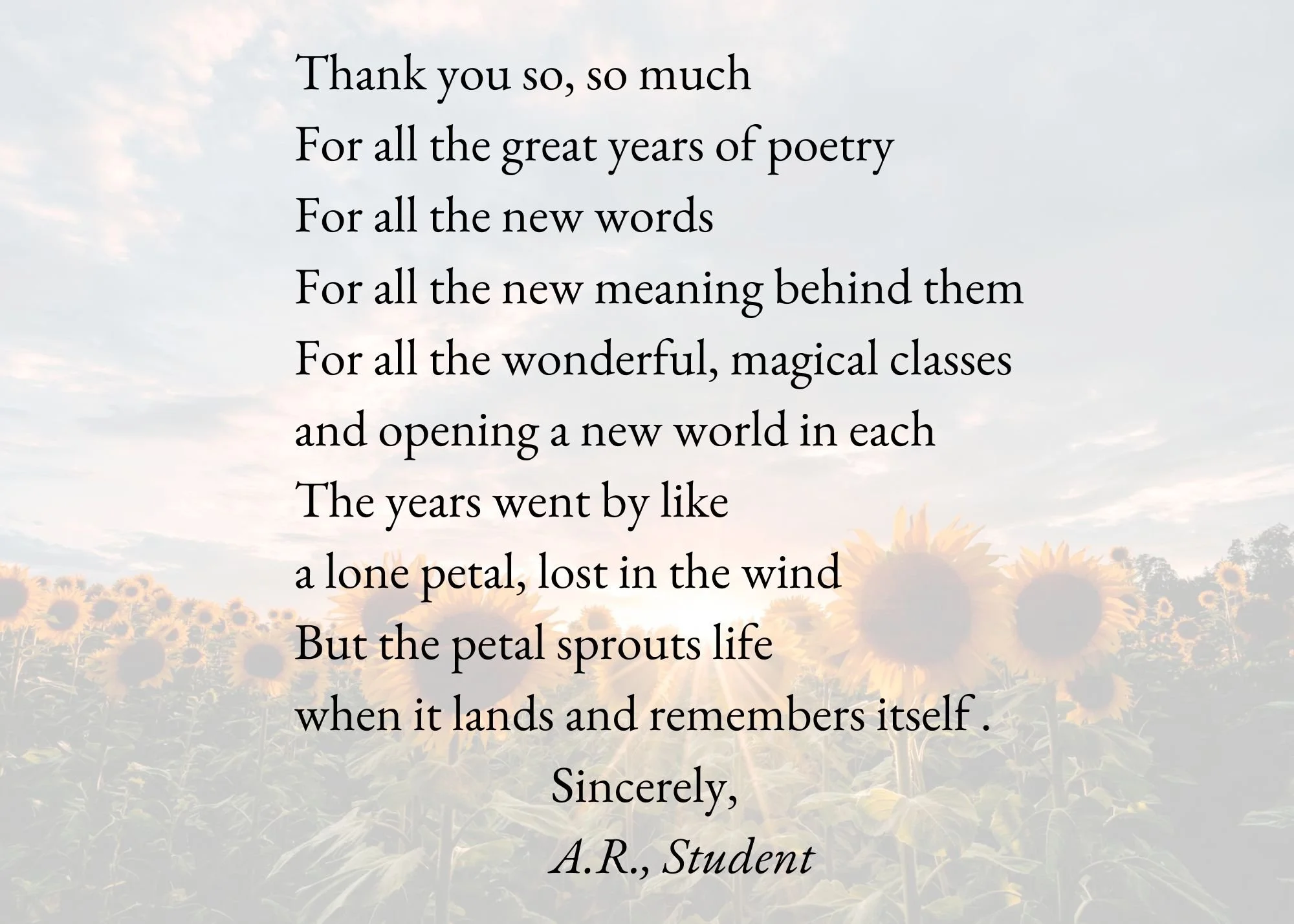 A sunrise with a field of sunflowers in the foreground and a sky with scattered clouds. Overlaid on the image is a poem about petals and wind.