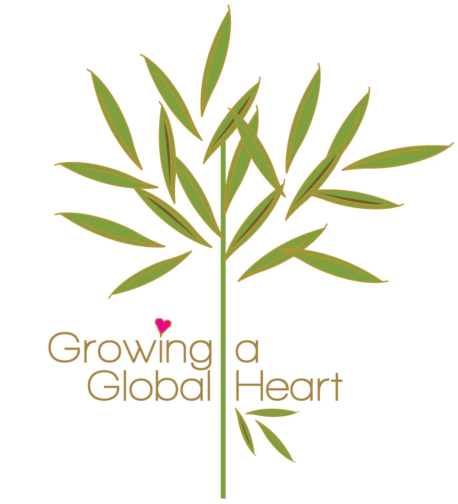 A green plant with multiple elongated leaves growing from a central stem, with the text 'Growing a Global Heart' and a small pink heart above the 'i' in 'Growing'.