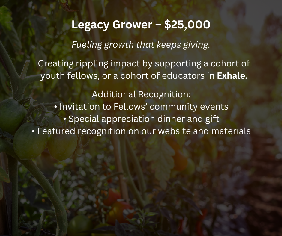 A close-up of tomato plants with green and ripening tomatoes in a garden setting, overlaid with text about Legacy Grower support and recognition.