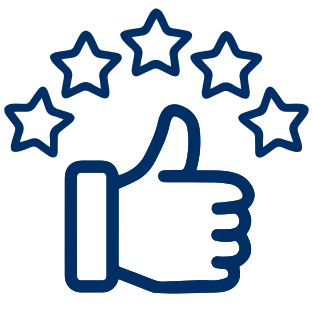 Blue outline of a hand giving a thumbs up surrounded by five stars.